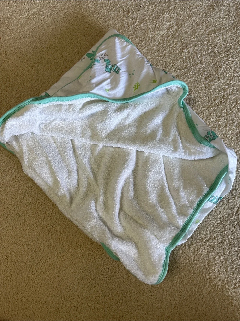 Baby Hooded Towel with Mint Trim - Soft White Cotton Terry